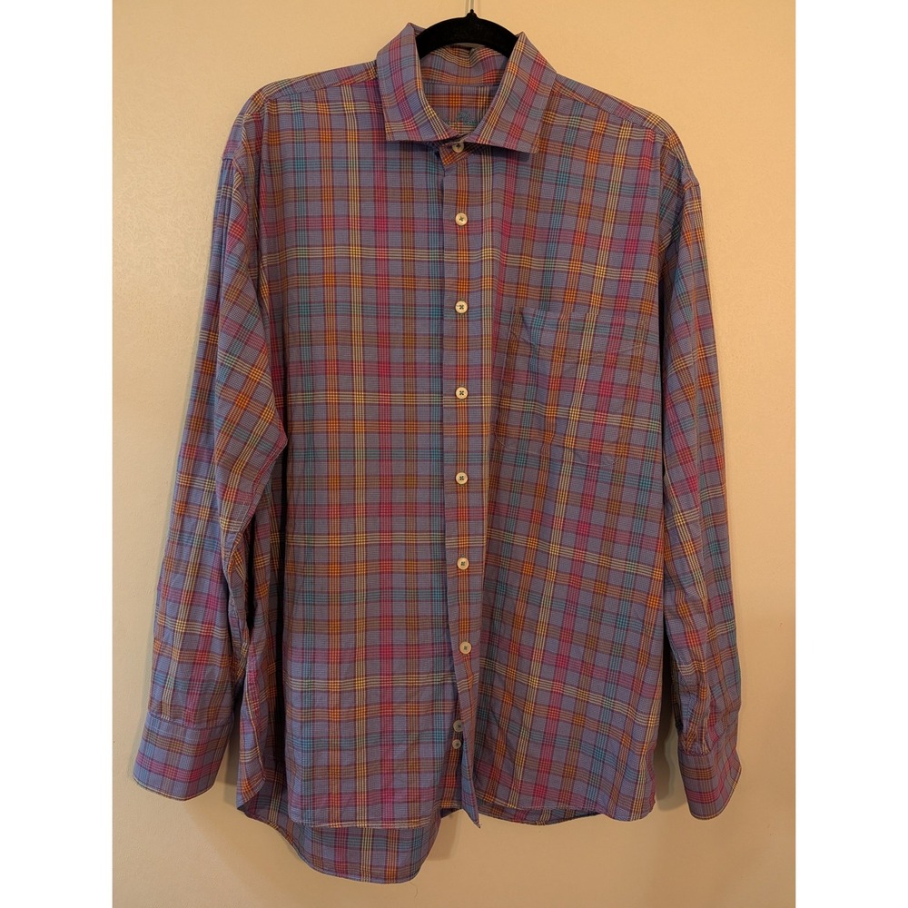 Alan Flusser Mens XL Plaid Button Down Shirt Purple‎ Blue Cotton Long Sleeve